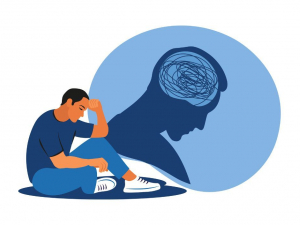 Graphic design of male sitting in leaned over stance with large blue bubble attached with male figure with scribble in brain area to suggest disarray in thought